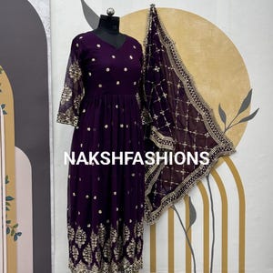 Party Wear Purple Georgette Gown With Embroidery Sequence Work And Dupatta For Women, Long Gown Dress, Designer Dress, Bridesmaid Outfit