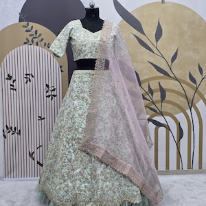 Green Mulberry Silk Lehenga Choli: Embroidered Sequin Organza Dupatta