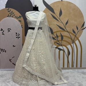 Designer White Georgette  Lehenga Choli With Paper Mirror Work And Net Dupatta For Women And Girls, Wedding Lehenga, Indian Lehenga Choli