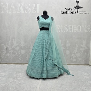 Sky Blue Georgette Lehenga Choli: Resham & Sequins Embroidery, Net Dupatta