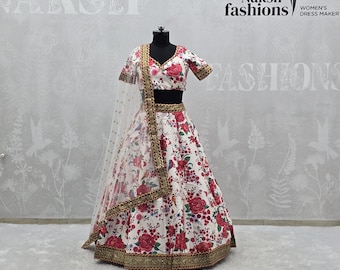 Elegante lehenga choli de seda blanca con arte, lehenga nupcial para regalo festivo de boda