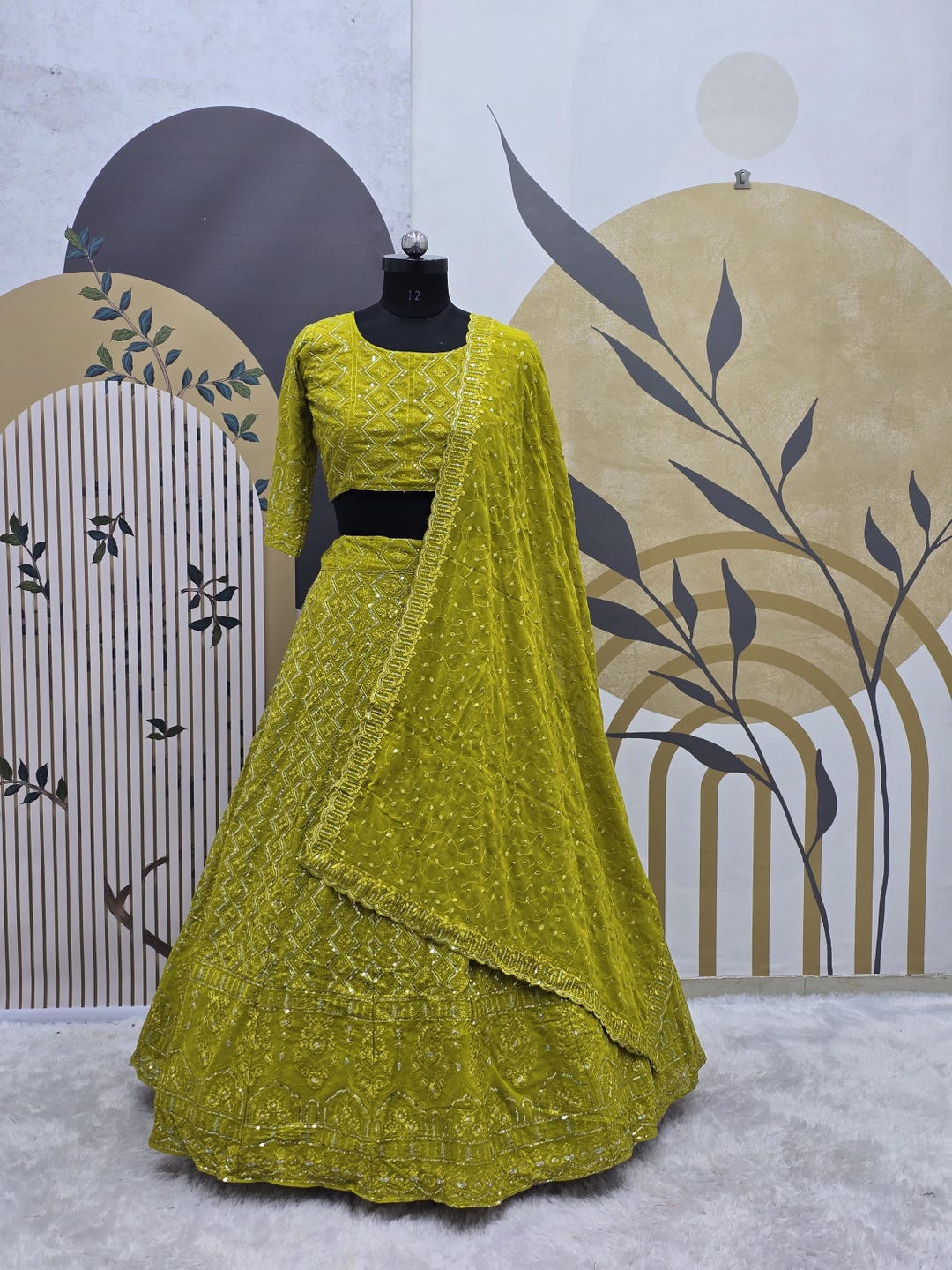Green Georgette Lehenga Choli With Chikankari and Sequence Work Blouse ...