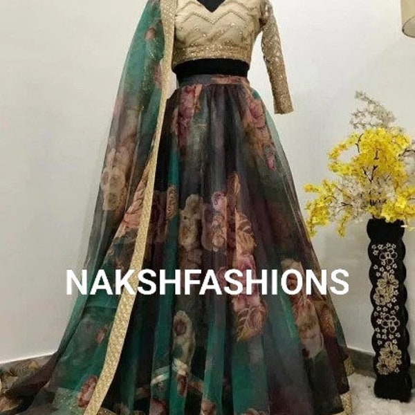 Printed Lehenga Choli , Organza Lehenga Choli With Sequence Work And Four Side Border Less Border Dupatta For Women , Green Lehengas