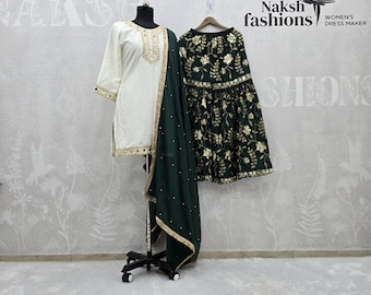 Bestickte malaiische Seide Kurta Sharara Set: Pakistanische Hochzeit, Partykleidung