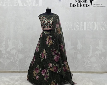 Dark Green Floral Organza Lehenga Choli, Indian Wedding Bridal Party Wear