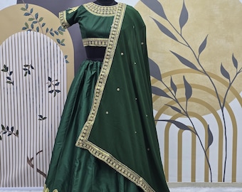 Green Satin Silk Lehenga Choli: Embroidered Wedding Wear