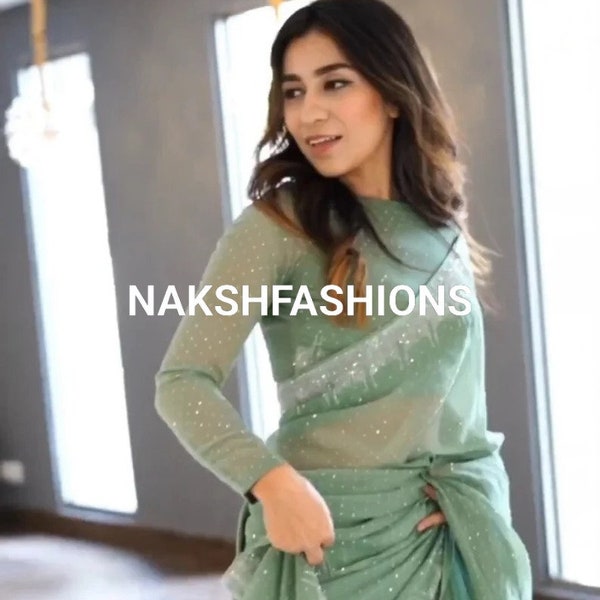 Saree pour tenue de soirée en georgette avec travail séquentiel et chemisier en georgette épais pour femme, sari pour tenue de soirée, tenue de mariage