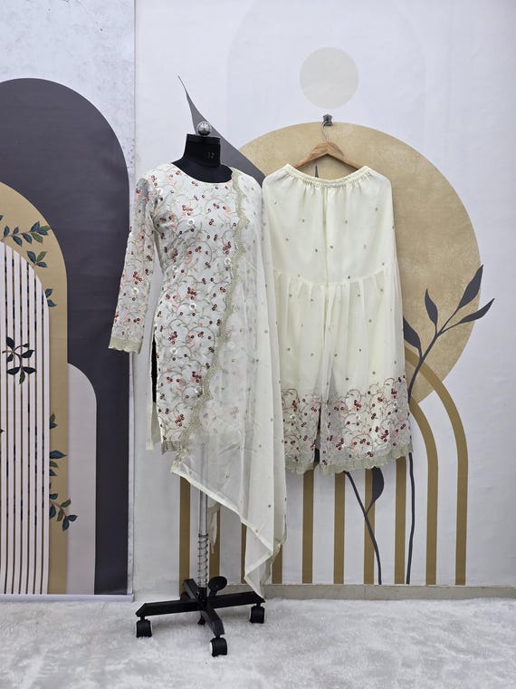 White Georgette Sharara Suit: Sequence Embroidery Party Dress