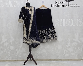 Navy Blue Velvet Sharara Suit: Embroidery Sequence Work, Indian Wedding Outfit