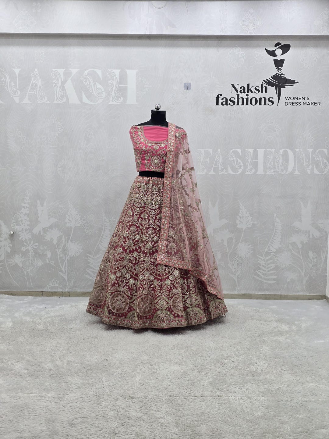 Rose Pink Embroidered Lehenga Choli, Bridal Net Ghagra Choli, Indian ...