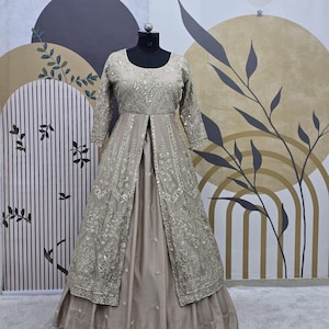 Beige Chinnon Silk Top Lehenga With Embroidery Sequence Work With Chinnon Silk Less Border Dupatta For Women, Indian Lehenga, Top Lehenga