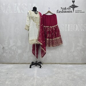 Pink Georgette Sharara Suit: Embroidered 3-Piece Women&#39;s Outfit