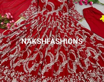Georgette Red Anarkali Dress With Heavy Embroidery Sequence Work And Heavy Georgette Dupatta For Women , Designer Dress , Red Anarkali Dress