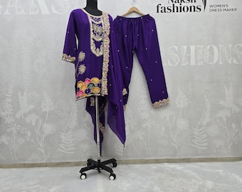 Traje palazzo shalwar kameez pakistaní, dupatta nupcial de seda chinnon, bordado y trabajo secuencial