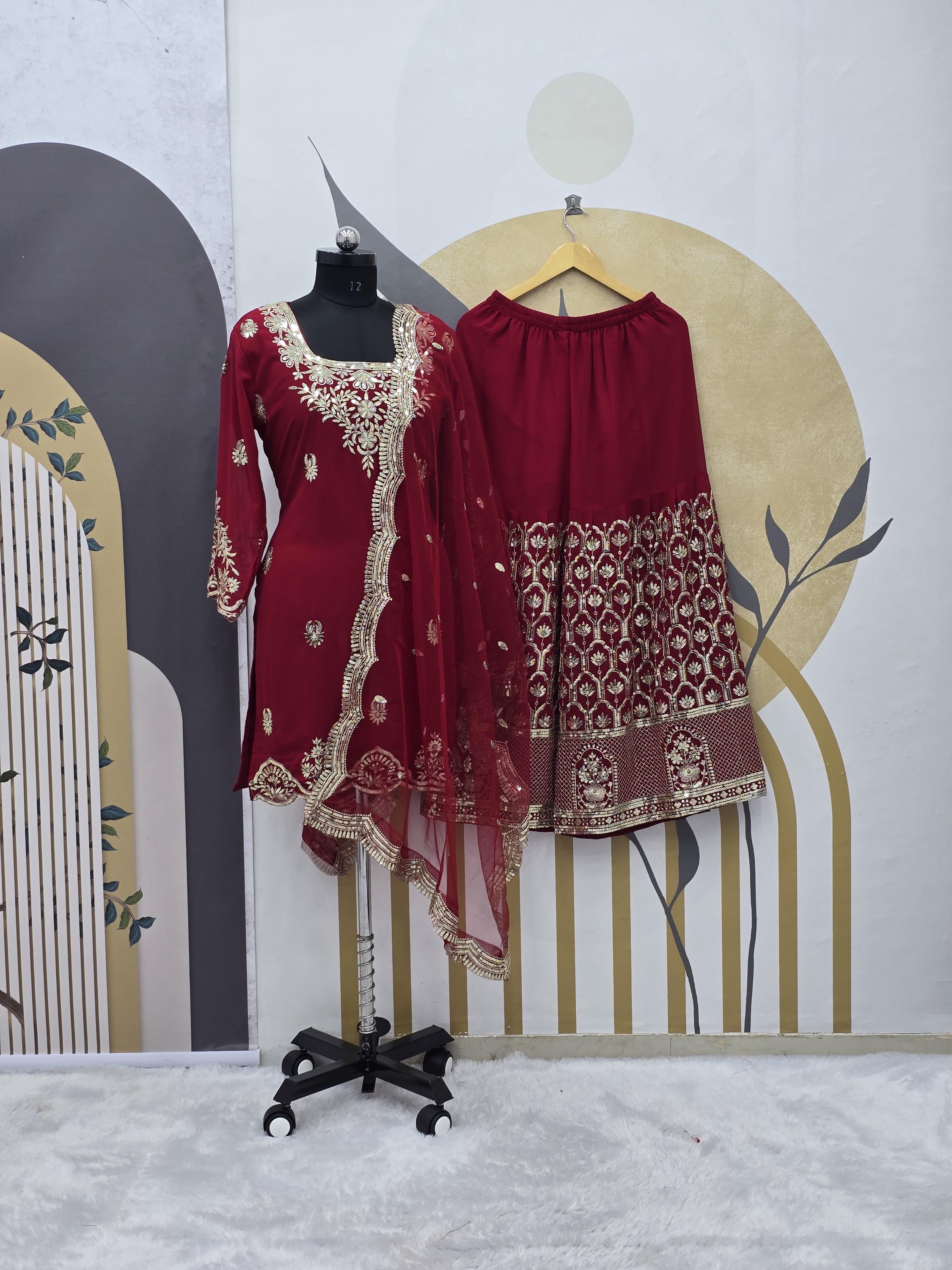 Red Georgette Salwar Kameez: Indian Partywear Kurta Sharara Set