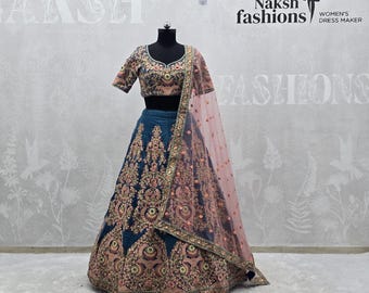 Lehenga Choli de Terciopelo Azul: Zari y Bordado de Hilo, Traje de Boda Indio