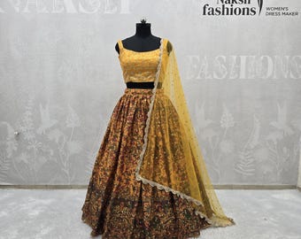 Mustard Yellow Embroidered Chinnon Silk Lehenga Choli, Real Mirror Work Dupatta