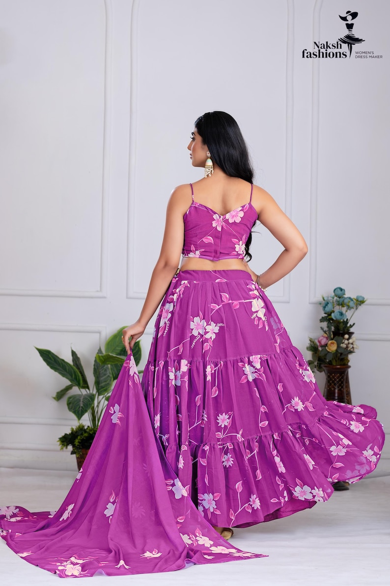 Printed Blue Georgette Lehenga Choli: Floral Work, Samosa Lace Dupatta image 8