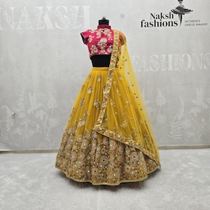 Yellow Net Lehenga Choli: Indian Wedding Embroidery, Mirror Work Dupatta