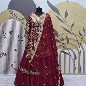 Indian Wear Maroon Lehenga Choli With Embroidery And Sequence Work Top With Georgette Less Border Dupatta For Women, Bridesmaid Lehenga
