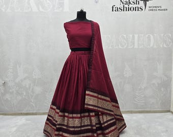 Lehenga Choli Chanderi Roja: Tejido Zari, Traje de Boda Indio