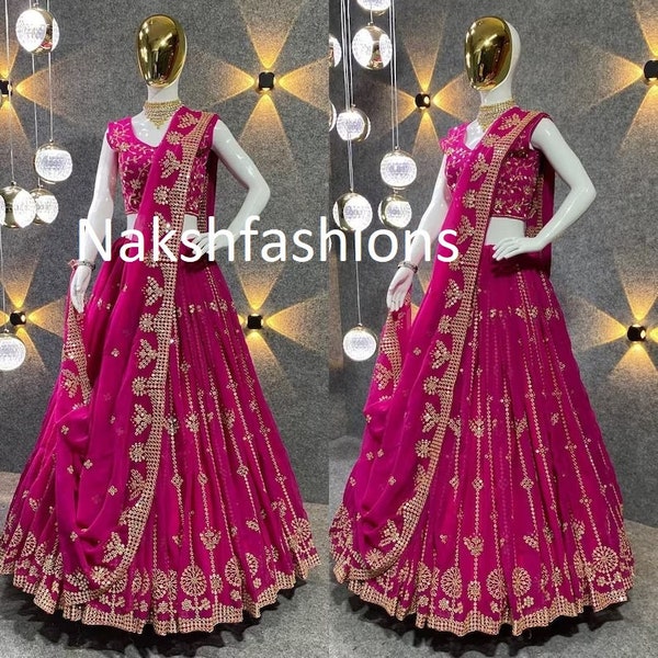 Pink Lehenga Choli With Zari Dori And Sequence Work Blouse With Georgette Less Border Dupatta For Women, Bridesmaid Lehenga