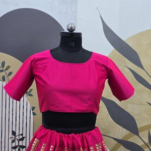 Pode incluir: Um top rosa curto com mangas curtas e uma saia combinando com bordados dourados e lantejoulas. A saia &eacute; cheia e fluida.