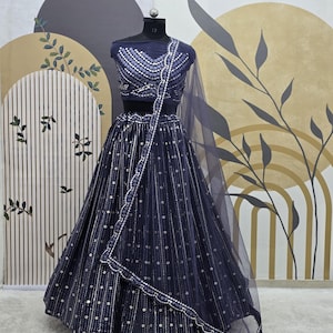 Grey Georgette Lehenga Choli: Embroidery Sequence Wedding Outfit