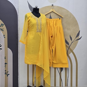 Yellow Georgette Kurta Palazzo Set: Embroidered Pakistani Salwar Kameez