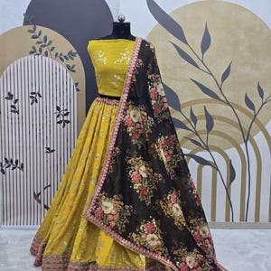 Yellow Georgette Lehenga Choli: Sequins Embroidery, Digital Print Dupatta