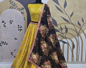 Yellow Georgette Lehenga Choli | Mirror Work Indian Haldi Ceremony & Festive Dress
