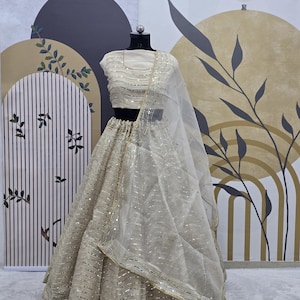 Biała Organza Jedwabna Lehenga Choli Z Haftowaną Sekwencją I Organza Dupatta Dla Kobiet, Ślubna Lehenga, Imprezowa Lehenga, Choli
