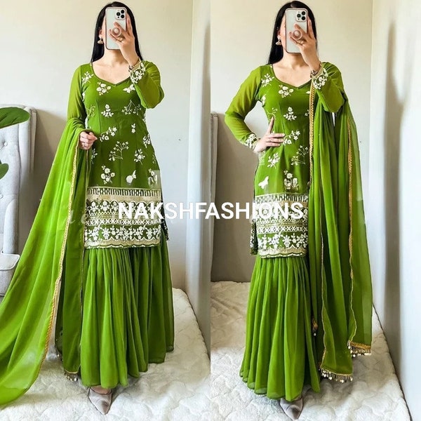 Punjabi Green Georgette Kurta Palazzo With Heavy Embroidery And Sequence Work With Georgette Dupatta, Indian suit , Designer dress , Palazzo