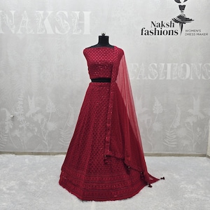 Red Georgette Lehenga Choli With Embroidery Sequence Work And Net Dupatta For Women, Reception Lehenga Choli , Wedding Lehenga , Lengha