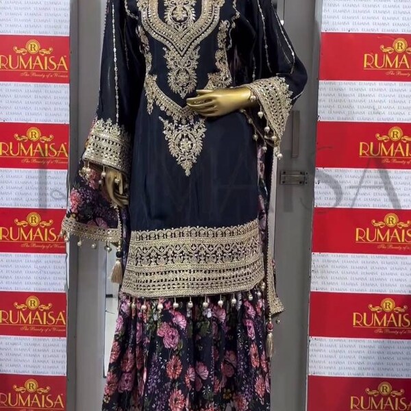 Tenues de soirée Kurta Palazzo en soie beurre noir et Georgette Dupatta avec séquence de broderies pour femmes, costume de créateur Sharara, tenues ethniques