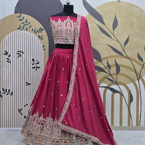 Pink Silk Lehenga Choli Set: Indian Wedding Outfit with Dori Work
