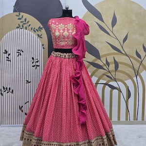 Pink Chinnon Silk Lehenga Choli: Digital Print & Sequins Embroidery