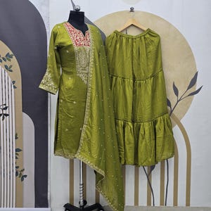 Parrot Green Kurta Sharara Suit: Indian Silk Embroidered Salwar Kameez