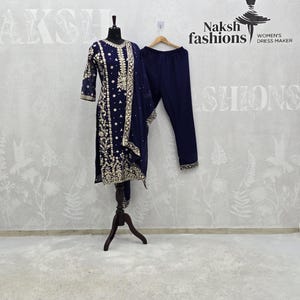 Salwar Kameez ricamato blu navy, set Kurta in georgette, lavorazione Zari