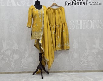 Yellow Chinnon Silk Salwar Kameez Suit: Embroidered Indian Dress