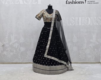 Thread & Sequins Embroidered Black Soft Net Lehenga Choli: Indian Wedding Wear lehengas