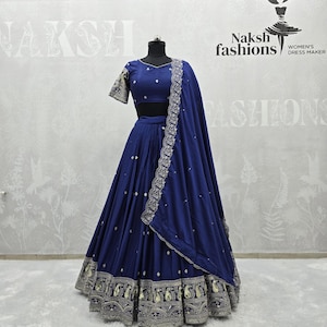 Festival Wear Blue Chinnon Silk Lehenga Choli Set With Thread Sequence Work And Dupatta For Wedding, Traditional Lehenga For Women And Girls