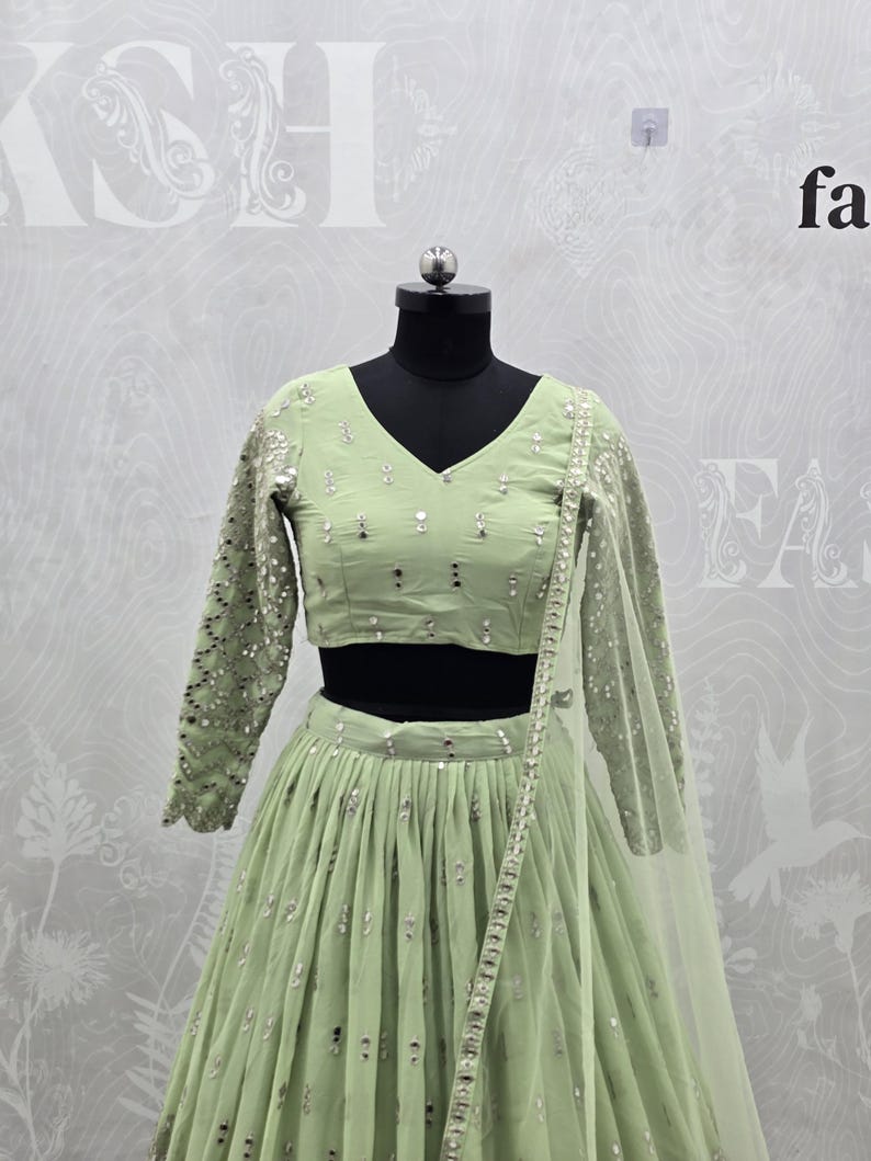 Lehenga Choli, Pista Green Georgette Bridal Outfit, Wedding Gift for Bridesmaid or Bride image 2