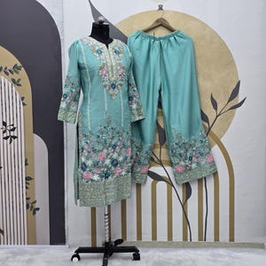 Indian Chinnon Silk Outfit, Salwar Kameez Palazzo Suit, Embroidery Sequence Work, Beautiful Shalwar Kameez Dupatta Dress, For Women
