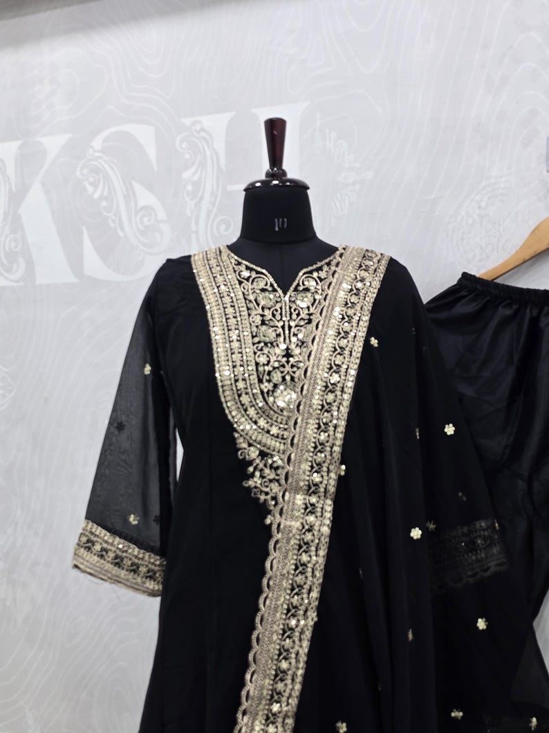 Designer Black & Gold Salwar Suit, Heavy Sequins Work Punjabi Suit, Ethnic Dress image 6