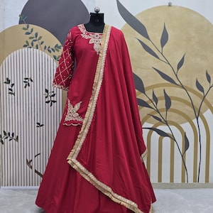 Indian Wear Red Crepe Silk Lehenga Choli With Embroidery Sequence Work And Silk Dupatta For Women , Wedding Lehenga , Party Wear Lehenga