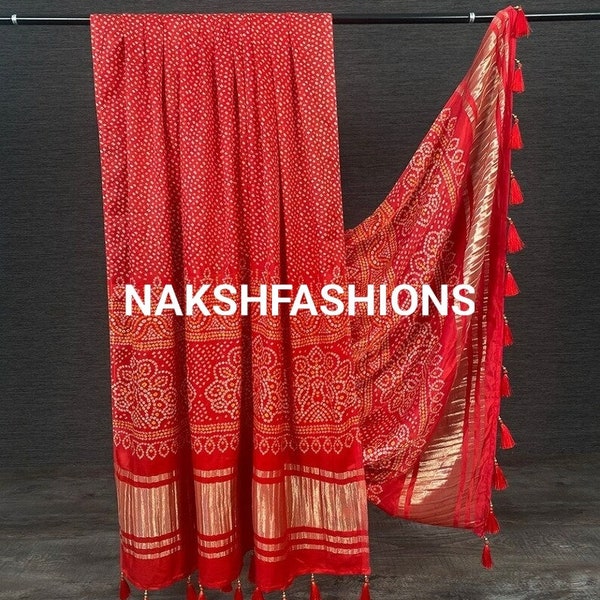 Pure Gaji Silk Dupatta , Bandhej Digital Print With Tassels , Patola Style Dupatta , Bandhej Dupatta , Silk Dupatta