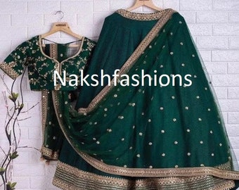 Lehenga Choli En Soie Fantôme Vert Avec Broderie Avec Travail En Séquence Et Dupatta En Filet Doux Pour Femme, Lehenga Choli Vert