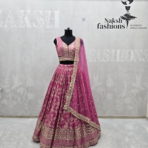 Indian Wear Jacquard Lehenga Choli en soie rose Dola avec séquence de broderie et dupatta en organza pour femme, mariage Lehenga, Lehengas