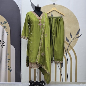 Embroidery Kurta Bottom Suit Green Chinnon Silk Salwar Kameez With Embroidery Sequence Work Dupatta For Women And Girls, Ethnic Outfits
